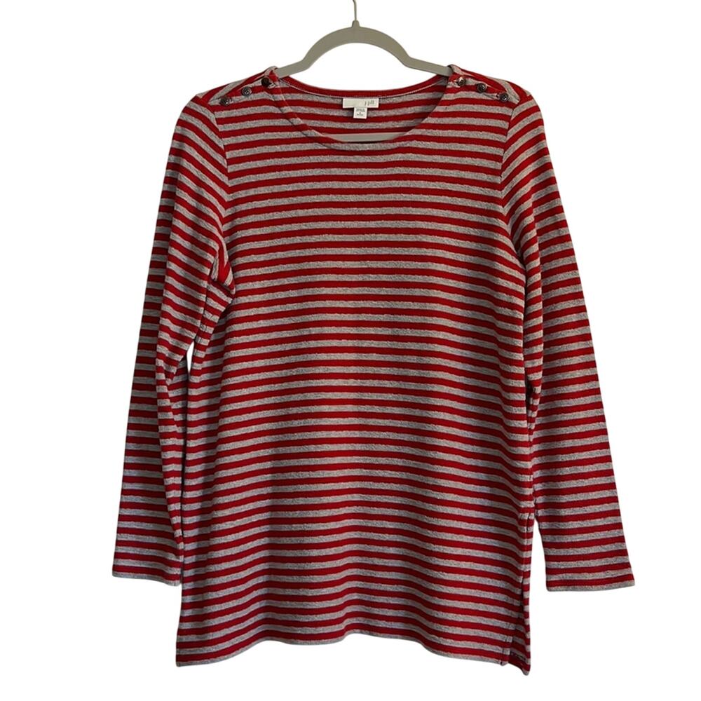 J. Jill Striped Knit Tunic Top Size SP Red Gray Long Sleeve Cotton Mature